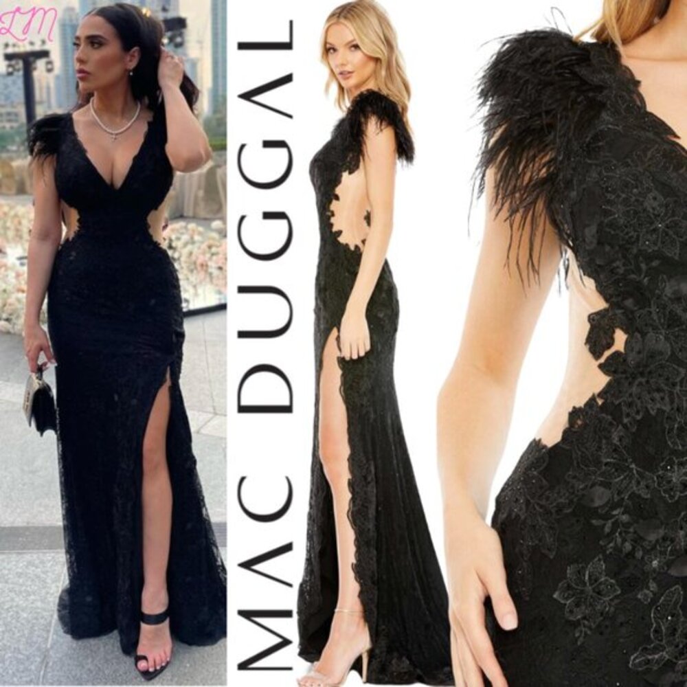 Mac Duggal 67782 Feather Cap Sleeve Lace Floral Applique Embellished Gown SIze 6